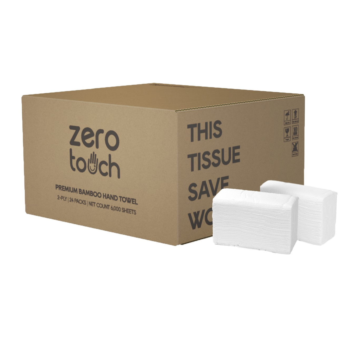 ZERO-TOUCH ทิชชู่เยื่อกระดาษบริสุทธิ์ 100% สำหรับเช็ดมือ (24 ห่อ/ลัง, 300แผ่น/ห่อ)